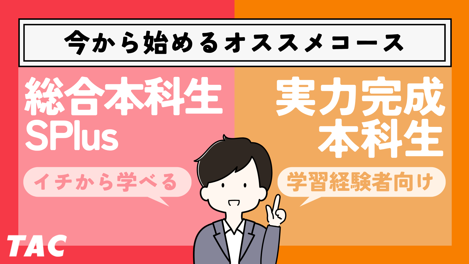 これから始める宅建対策は、万全に対策したい方は、総合本科生SPlus一択。学習経験があって、合格点まであと1～3点だった方は実力完成本科生がオススメ！