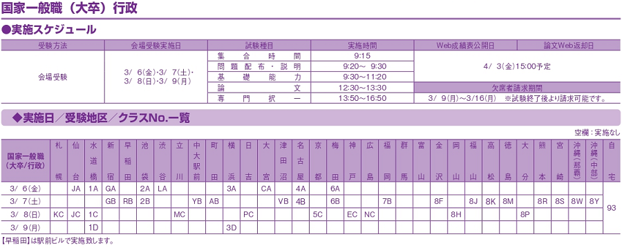 国家一般職（大卒／行政）会場受験スケジュール"