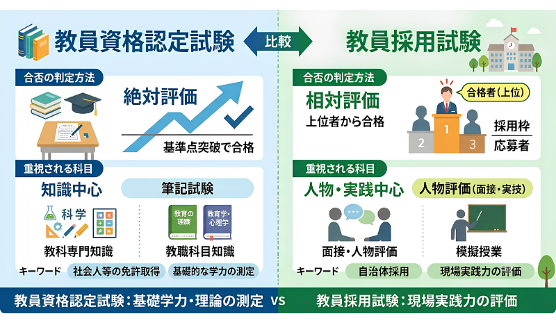 教員資格認定試験と教員採用試験の比較